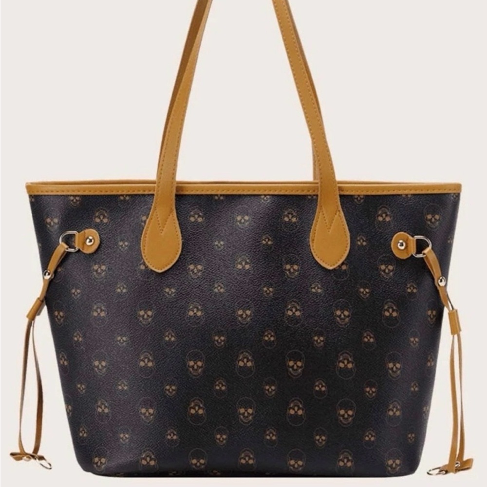 Skull Brown & Tan Faux Leather Tote Bag